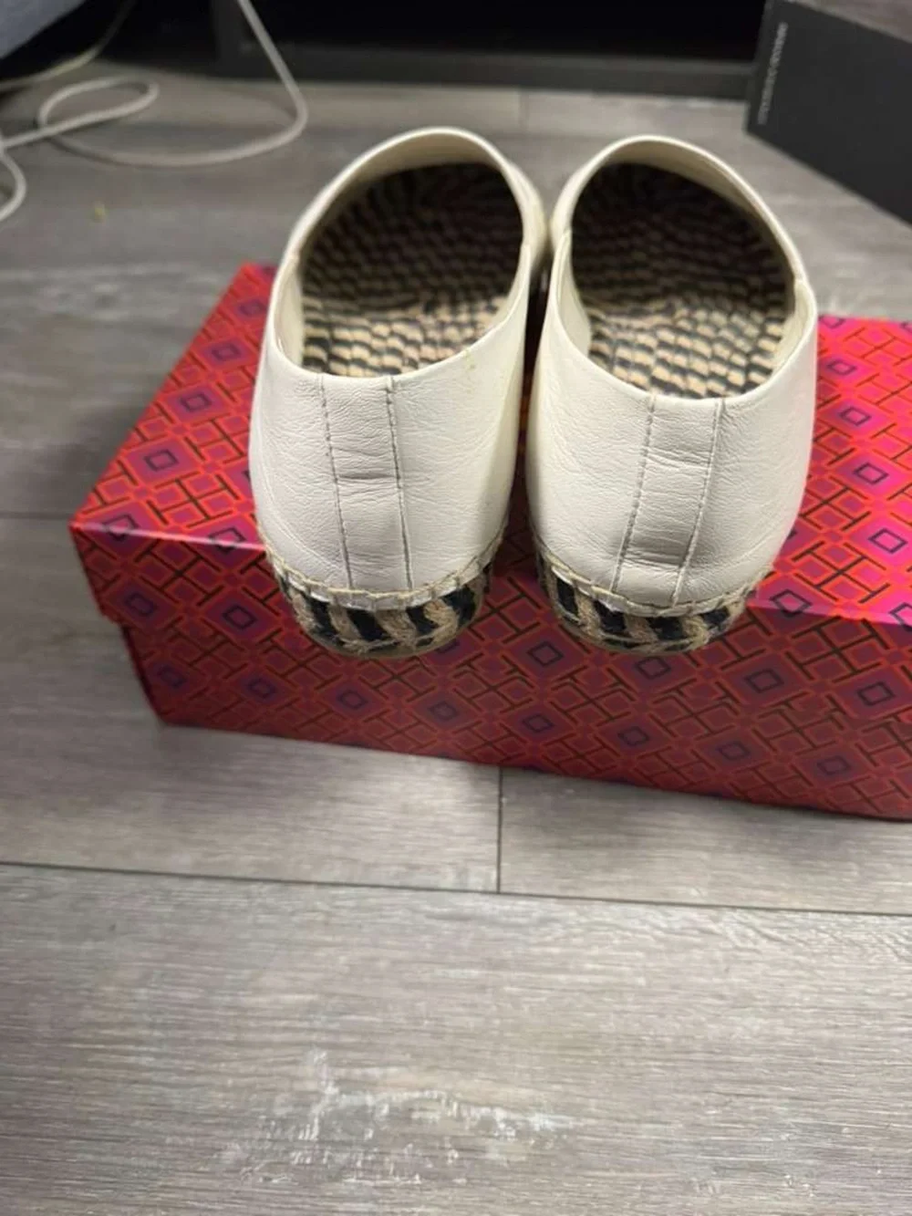 Tory Burch White Leather Espadrille Flats with Black Cap Toe